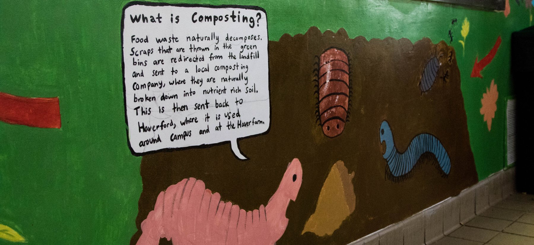 A cartoon worm painting describing composting to a cartoon bug and caterpillar. 