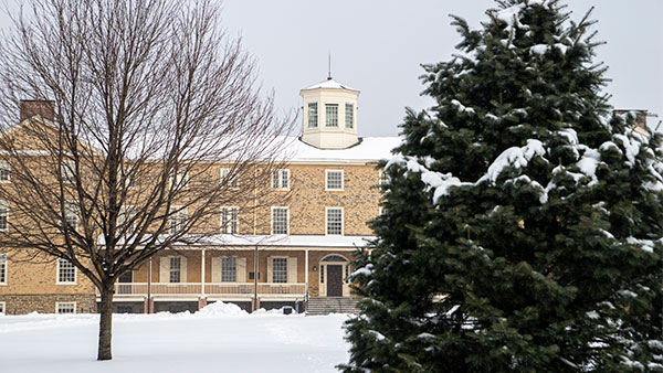 Founders hall covered in snow