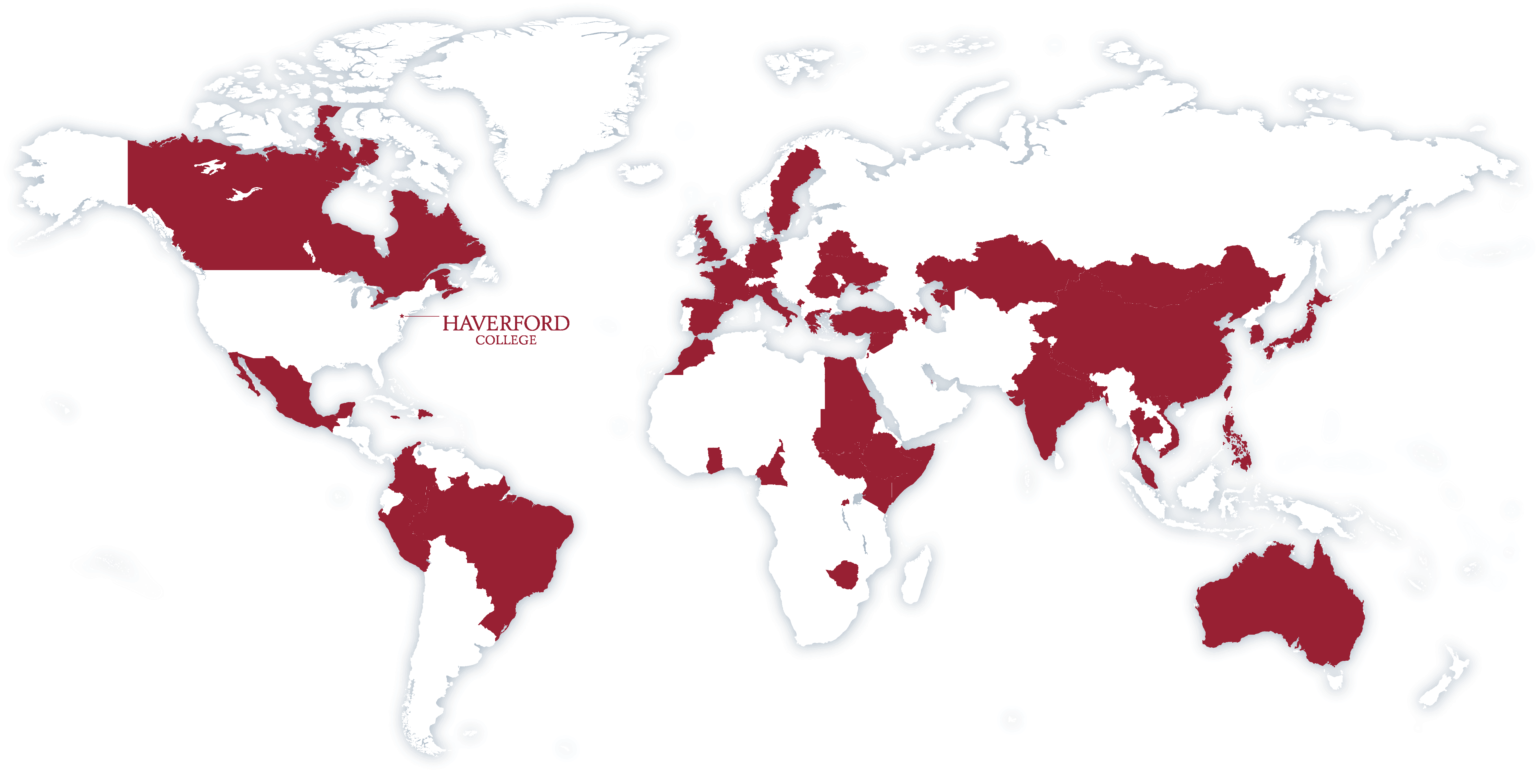 World Map showing countries that international students highlighted in red. The words Haverford College point to the location of the college.