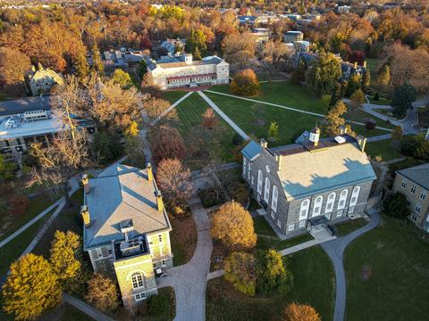 A drone image of Founders Hall, Lutnick Libray, Hall building, and VCAM