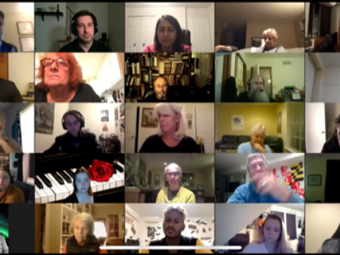 A Zoom grid of singers rehearsing Bach's "Dona nobis pacem"
