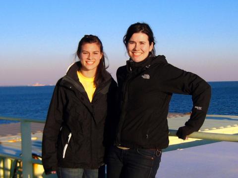 Katie Sheline '13 and Helen White on the deck on a research vessel in the Gulf of Mexico.