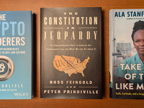 Three book covers: The Crypto Launderers, featuring a bitcoin symbol; The Constitution in Jeopardy, featuring the Constitution in the shape of the US, ripping in half; and Take Care of Them Like My Own, featuring a Black woman in green scrubs.