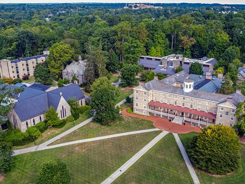 Haverford's campus is captured in a photo taken from a drone high above Founders Green