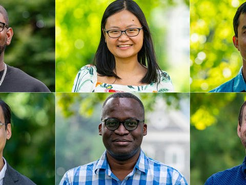 A mosaic of portraits depicts six new Haverford faculty members.