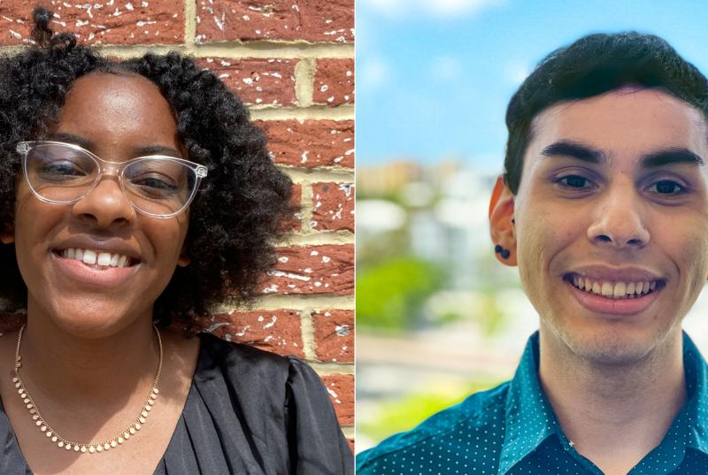 Two headshots of Camille (on the right), photographed wearing glasses posing against a brick wall, and Daniel (on the left) wearing a blue collared shirt and posing outdoors. 