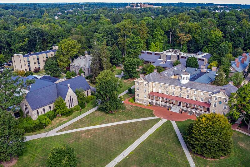 Haverford's campus is captured in a photo taken from a drone high above Founders Green