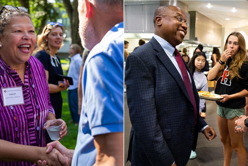 Side by side images show Sarah Willie-LeBreton and Garry Jenkins greeting members of their college communities. 