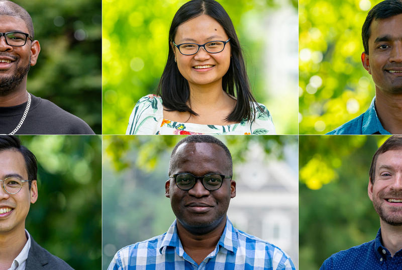 A mosaic of portraits depicts six new Haverford faculty members.