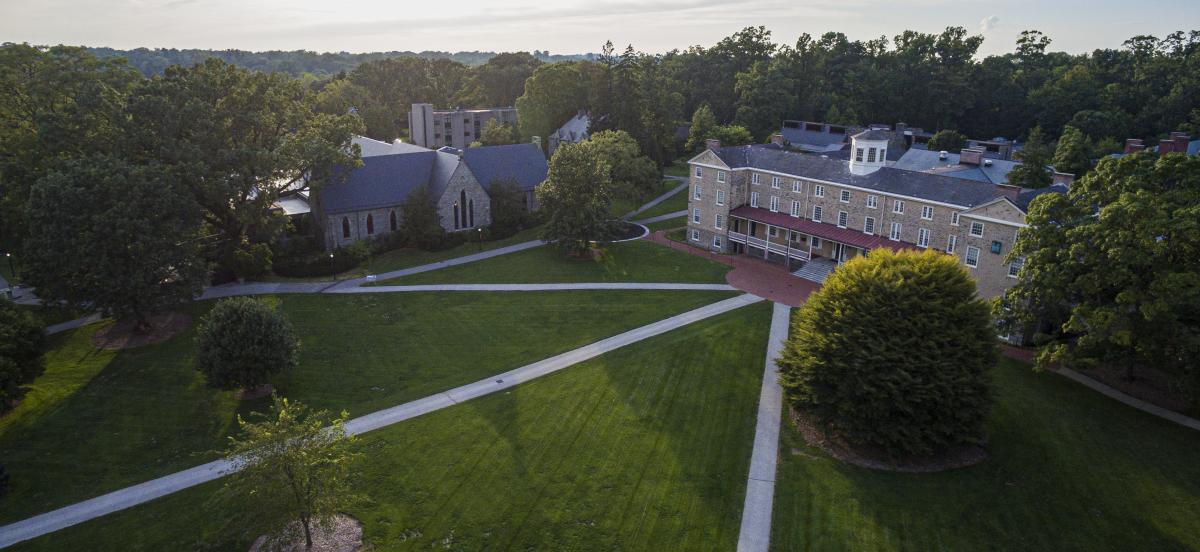 An aerial view of Founders Green with paths cutting through the grass to Founders Hall