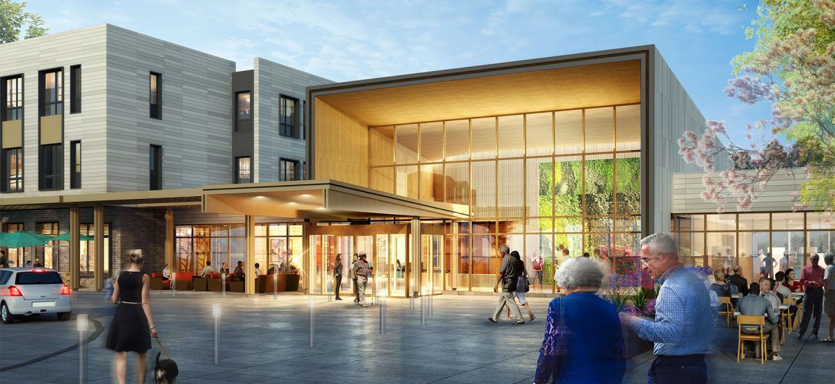 A rendering of the entrance and outdoor plaza of the Baldwin, a 250-unit assisted senior living community, is part of a mixed-use development that includes housing and retail and is designed to encourage inter-generational contact.
