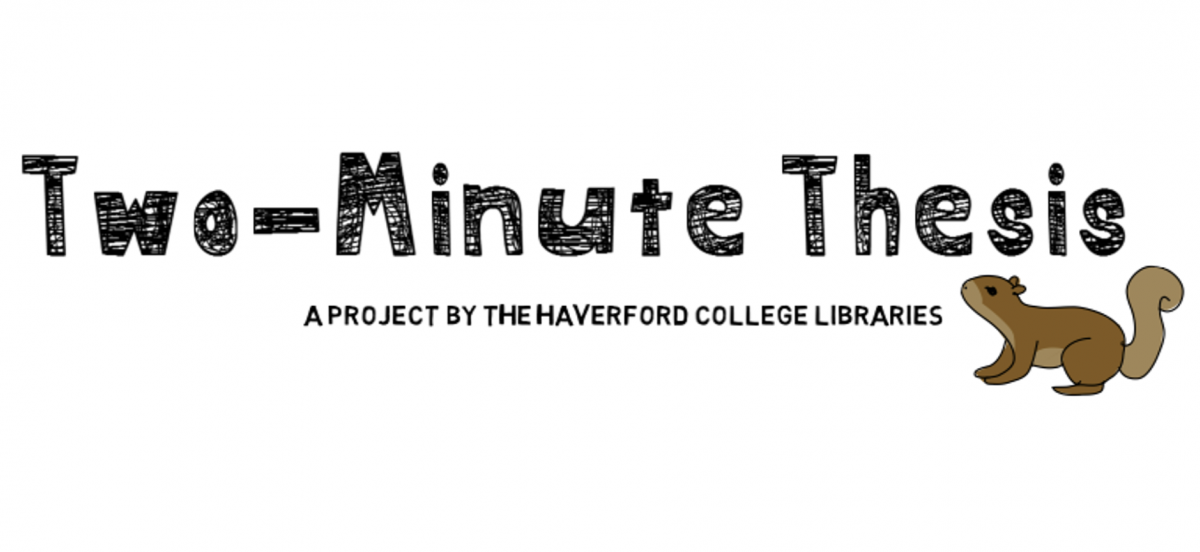 hand drawn block text reading Two-Minute Thesis: a project by Haverford College Libraries, and a cartoony brown squirrel