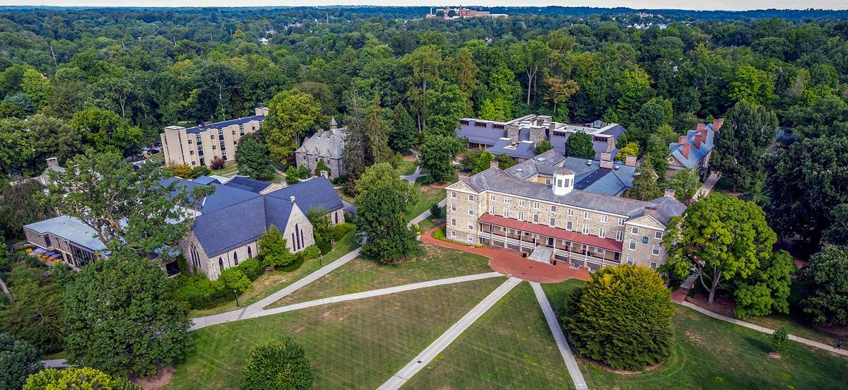 Haverford's campus is captured in a photo taken from a drone high above Founders Green