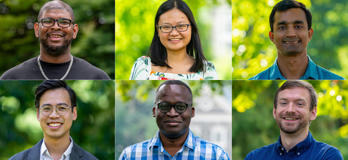 A mosaic of portraits depicts six new Haverford faculty members.